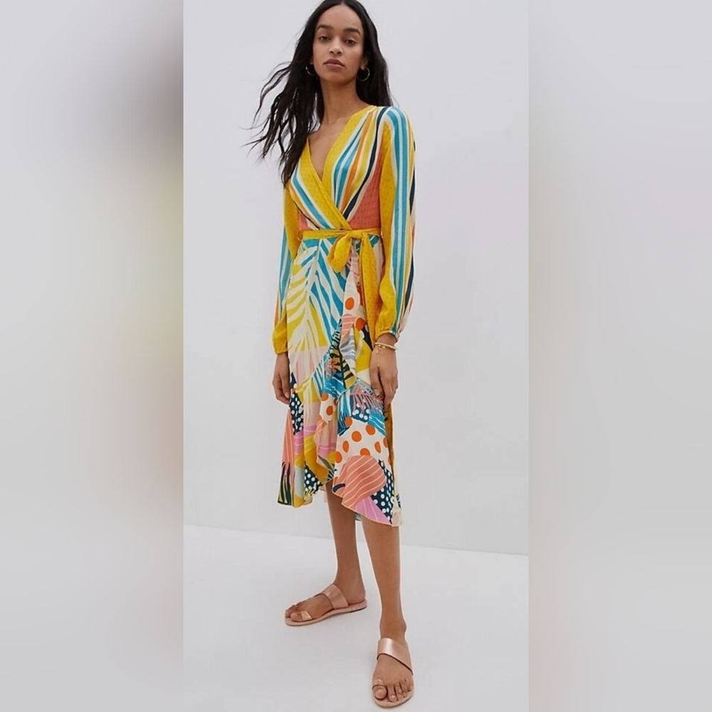 Colorful Wrap Midi Dress with Mixed Print